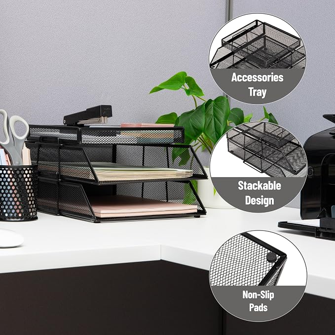 Mind Reader 2 Tier Paper Tray with Top Supply Compartment, Desktop File Organizer, Metal Mesh, Black