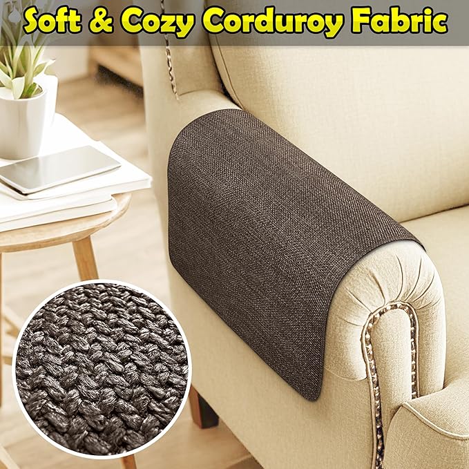 Couch Arm Covers, Waterproof Armrest Cover for Sofa, Armchair, Loveseat, Non-Slip Recliner Arm Cover, Sofa Arm Covers, Headrest Covers, Arm Chair Covers Set of 2 (Brown, 24"×20")
