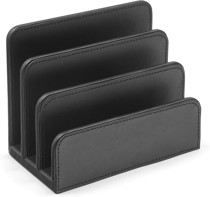 OSCO Black Faux Leather Letter Holder | Mail Sorter | Post Rack | Envelope Organiser | Document Stand | Desk File Storage | Display Slots | H14 x W17.5 D10 cm |