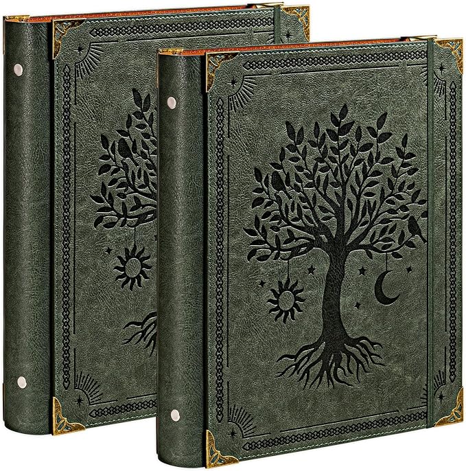 OVESMUSL 2 Pack PU Leather 3 Ring Binder, 1.5 Inch Green Tree | Fits 8.5x11 letter paper, holds 350 sheets, loose leaf organizer