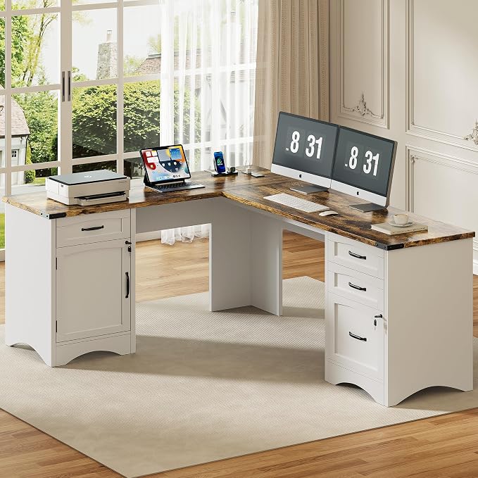 Decofy 67" L-Shaped Standing Desk, File Cabinet & Charging Station, White | Four Drawers, File Cabinet, Farmhouse Corner Desk, Wood Workstation, White Finish, For Home Office, Study and Writing
