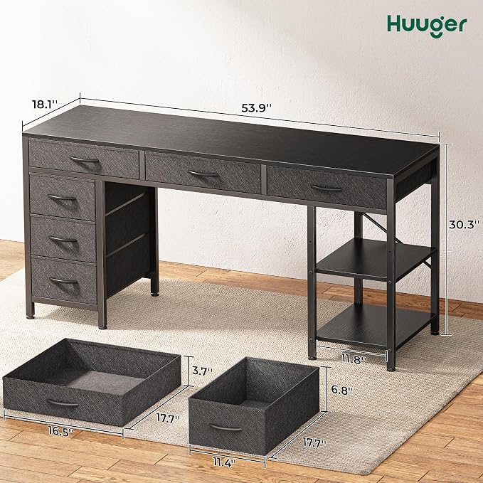 Huuger Computer Desk with 6 Drawers, Office Desk with Shelves, Reversible Gaming Desk, Corner Desk with Storage, Work for Home Office, Study, Living Room, 54inch, Black