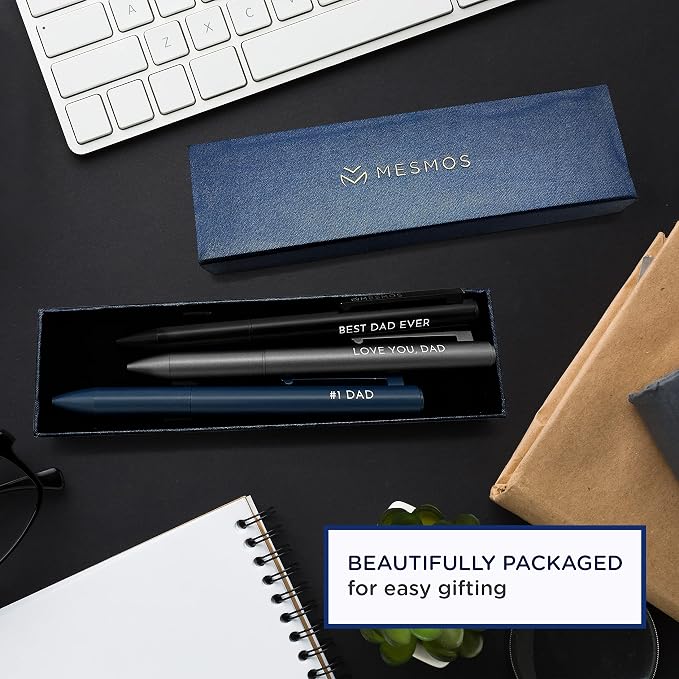 MESMOS Dad Pen Set, Best Ever Birthday Gift for Him from Daughter Son Wife, 3 Engraved Luxury Metal Ballpoint Pens, Cool #1 Dad Gift, Black Ink, Smooth German-Made Writing