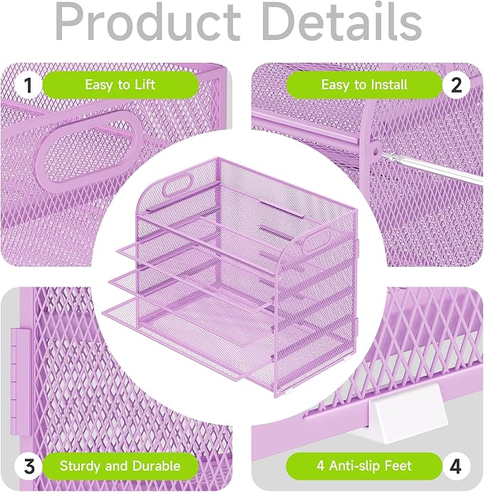 Cawukege 2 Pack 5 Tier Paper Organizer, Letter Tray with Handle, Mesh Desk Organizer, Metal File Organizer, Office Desk Accessories for Home, Office, Classroom, School -Purple