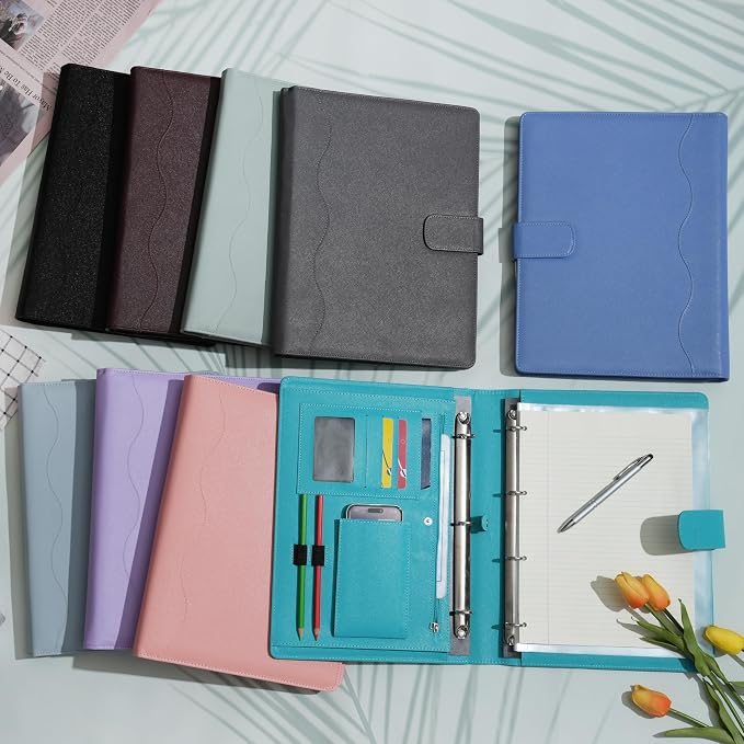 Wonderpool A4 PU Leather 3 & 4 Ring Holder Writing Portfolio Multi Document Case with Removable Binder Clipboard and Functional Pocket for Organizer Office Travel School (Cyan)