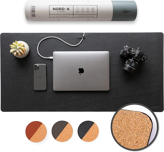 Nordik Leather Desk Mat - Cork Pebble Black - Leather Desk Pad (35x17 in) | Premium Vegan Leather Desk Pad with Cable Organizer, Giftable, Extended Waterproof Mouse Mat, Non-Slip Desk Pad Protector