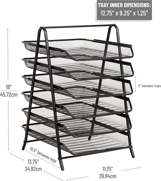 Mind Reader 6-Tier Paper Tray, Desktop Organizer, File Storage, Office, Metal Mesh, Black