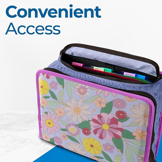 Case-it Zipper Binder | 3-Inch O-Rings | 600-Sheet | D-146 Morning Flowers | Mighty Zip Tab, 5-Subject Expanding File Folder, Multiple Pockets, Storage Organizer, Shoulder Strap, School & Office