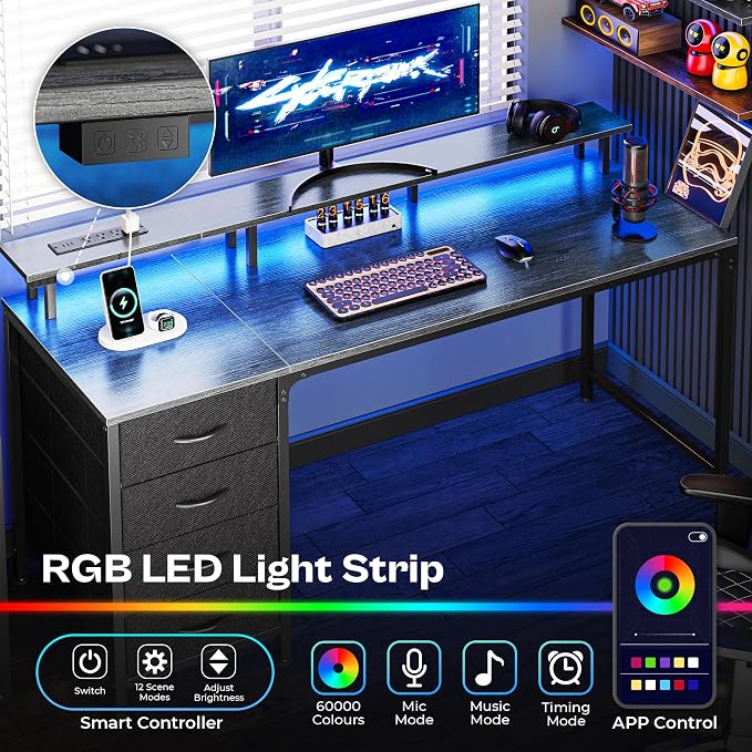 Huuger 55 Inch Computer Desk with Power Outlets and LED Lights, Gaming Desk with 4 Drawers, Office Desk with Monitor Stand, Study Work, Home Office, Gray