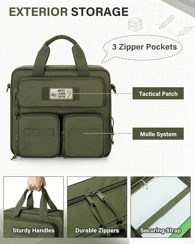 Fasrom Tactical 3 Ring Zipper Binder, 2 Inch Binder Organzier Bag for Men | 2-Inch O-Ring, Holds 500 Sheets, Fits 13-Inch Laptop, 3 Exterior Pockets, Shoulder Strap for Work & Office, Olive Green