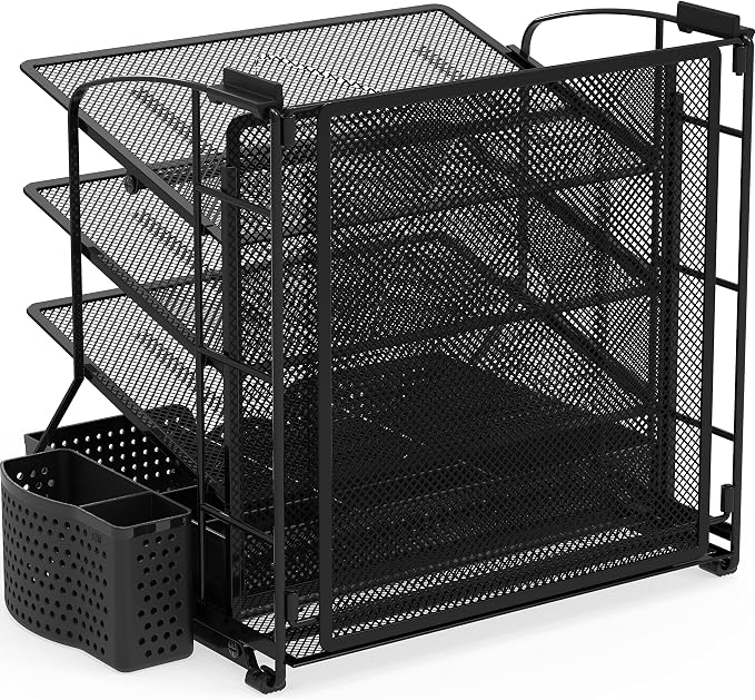 Simple Houseware Desktop Document Tray Organizer with Sliding Drawer, Black | Includes Pen Bucket & Hanging File Section