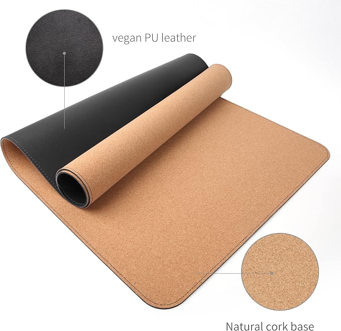 RENMTURE Dual-Sided Mouse Pad, Natural Cork & PU Leather Large Desk Pad for Office and Home Work, Desk Protector Non-Slip, Waterproof, Easy Clean (Black, 32"x16")