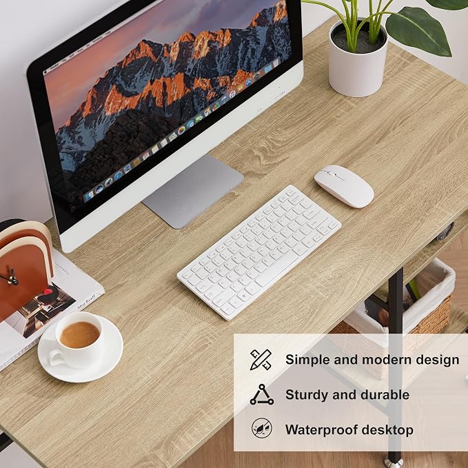 VECELO 43.1 Inch Computer Desk Home Office Oak Study Desk Work Office Table with Shelves Wooden Desk for Bedroom 2 Set