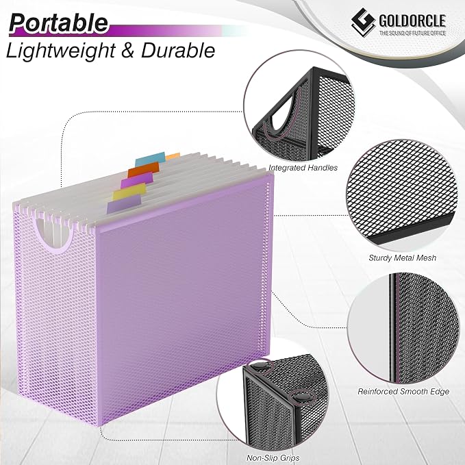 Letter-Size Hanging File Organizer (Purple, with 5 Grey Folders) | File Holder Filing Box for Desk, Metal Mesh Desk File Folder Storage for Office(No Assembly Required)