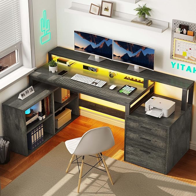 YITAHOME L Shaped Desk with 3 Drawers | 3 Drawers, Power Outlets & LED Lights, File Cabinet & Printer Stand, For Home Office