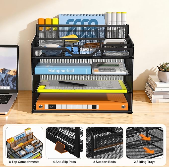 Docnest 4 Tier Mesh Desk Organizer with Letter Tray & Paper Sorter, Black | Features 3 built-in pen holders & 5 adjustable compartments on top. Includes 4 non-slip rubber feet for desk protection