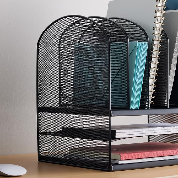 Safco Onyx Desk Organizer, 6 Vertical Compartments and 2 Trays, Office and Classroom Mailbox , Paper and Mail Sorter, Steel Mesh, Black