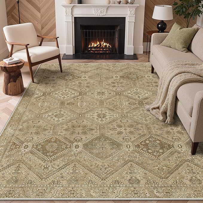 GENIMO 5x7 Area Rugs for Living Room, Machine Washable Non Slip Vintage Rugs, Low Pile Lightweight Print Rug for Bedroom, Dining Room, Home Office, Tan Brown