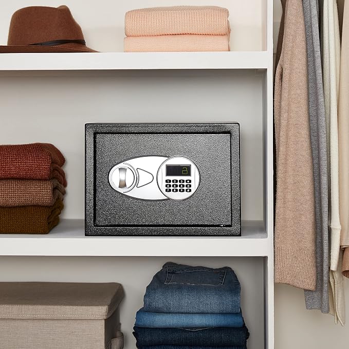 Amazon Basics Steel Security Safe and Lock Box with Electronic Keypad, Secure Documents Storage, Black, 0.5 Cubic Feet, 13.8"W x 9.8"D x 9.8"H, Removable Shelf