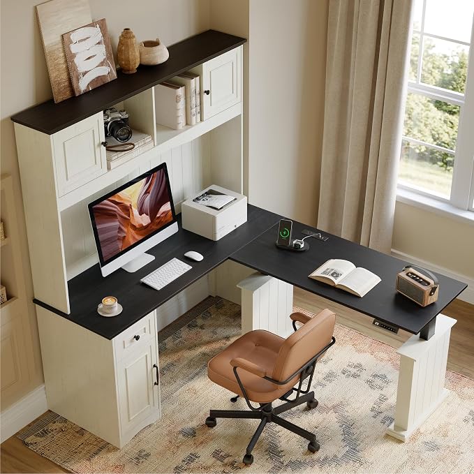 FEZIBO 80x60 L Shaped Electric Standing Desk with Hutch and Drawers, Farmhouse Height Adjustable Sit Stand Desk with Cabinets, Large Corner Home Office Computer Desk with Power Outlets, Antique White
