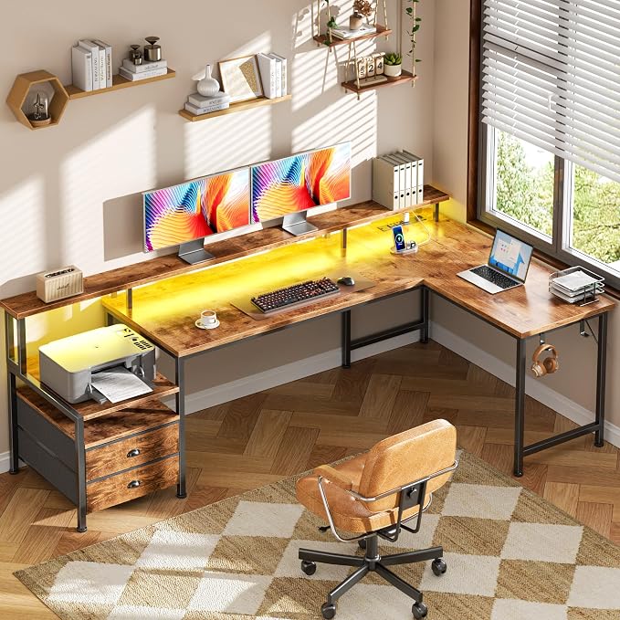 Korfile 66" L Shaped Computer Desk,Power Outlets,LED,Drawers,Rustic Brown | 66 inch L shaped Computer Gaming Desk with Power Outlets,Reversible Corner Design with Drawers,LED Lights,Office Gaming Work
