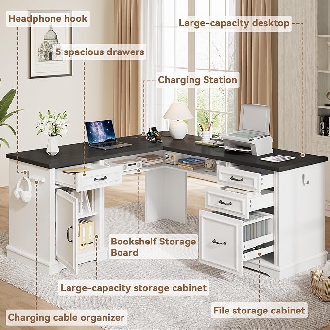Farmhouse L Shaped Executive Desk with 4 Drawers, Home Office Desk with Hidden Under-Desk Storage Shelf and Charging Station, File Cabinet Storage, Wood Corner Computer Desk for Work(White+Black)
