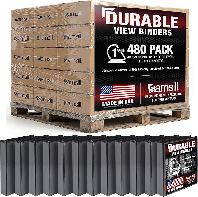 Samsill Durable 1.5 inch 3 Ring Binder, Made in USA, D Ring Binder, 100% Recycled Chipboard, Black, Pallet of 480 Binders in 40 Cartons
