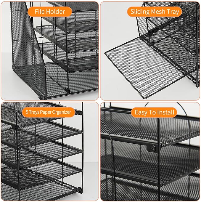 LEKETREE Desk Organizers and Accessories, 5-Tier Paper Letter Tray Organizer with File Holder, Desktop Organizer for Office Supplies (Black)