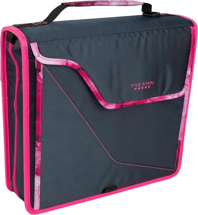 Five Star Zipper Binder, 3 Inch 3-Ring Binder with D Rings, Removable Padded Case, 5-Tab Expanding File and Multi-Use Strap, 850 Sheet Capacity, Navy/Pink (292960D)