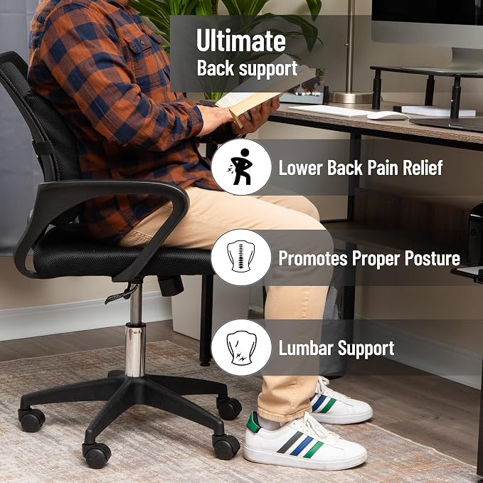 Mind Reader Lumbar Support Cushion with Air-Cloud Memory Foam, Ergonomic Lower Back Pillow for Office Chair and Car Seat, Black