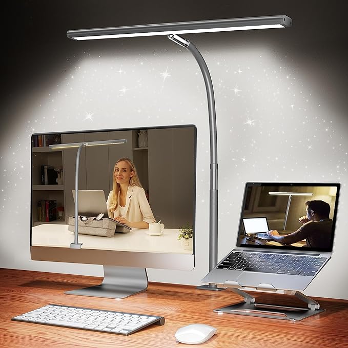 Airlonv LED Desk Lamp with Clamp, 17" Stepless Dimming Light, Grey | 2700K-6500K, 100 LEDs, 360° Gooseneck, Fits Up to 30" Monitors, Flicker-Free Lighting for Home Office, Study& Workbench