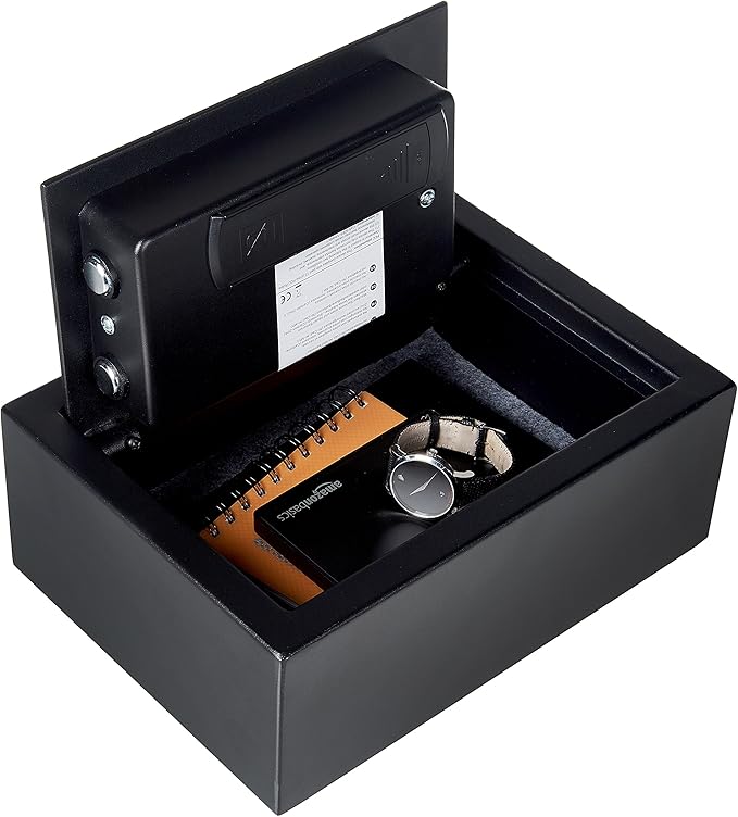 Amazon Basics Small Slim Desk Drawer Security Safe with Programmable Electronic Keypad, Secure Quick Access, 0.1 Cubic Feet, Black, 11.8"W x 8.6"D x 4.4"H
