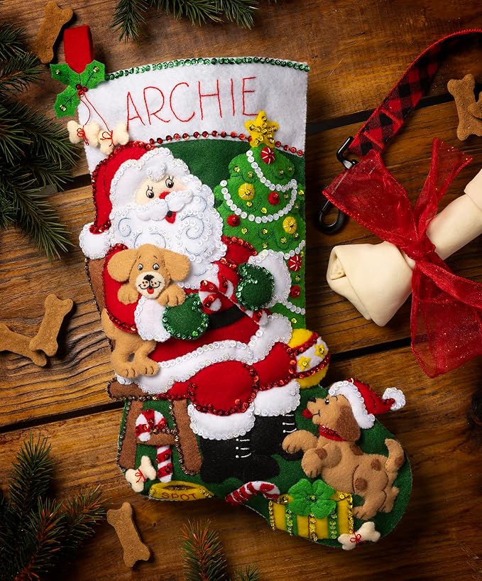 Bucilla Felt Applique 18" Stocking Making Kit, Jolly Pups Santa, Perfect for DIY Arts and Crafts, 89556E
