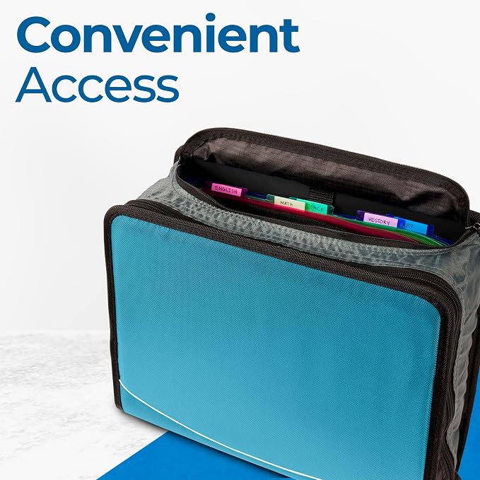 Case-it School Zipper Binder | 3" O-Rings | 600-Sheet | D-146 Aqua Marine | Mighty Zip Tab, 5-Subject Expanding File Folder, Multiple Pockets, Storage Organizer, Shoulder Strap, Office