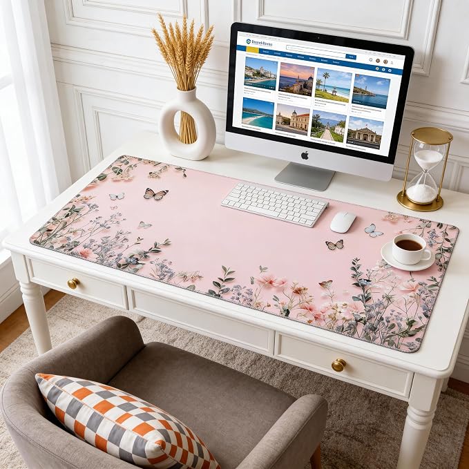 Cute Floral Aesthetic Wildflower Large Mouse Pad, Pink Macaron Desk Mat with Anti-Slip Base & Stitched Edges, Computer Keyboard & Laptop Pad, 35.4" x 15.7" in in Workstation Accessories