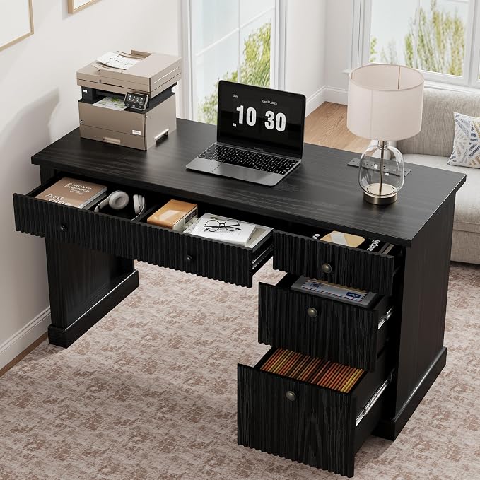 Garvee 54" Fluted Home Office Desk with File Drawer for Home Office | Modern Executive Desk with Charging Station, Wooden Computer Writing Desk for Study Room, Black