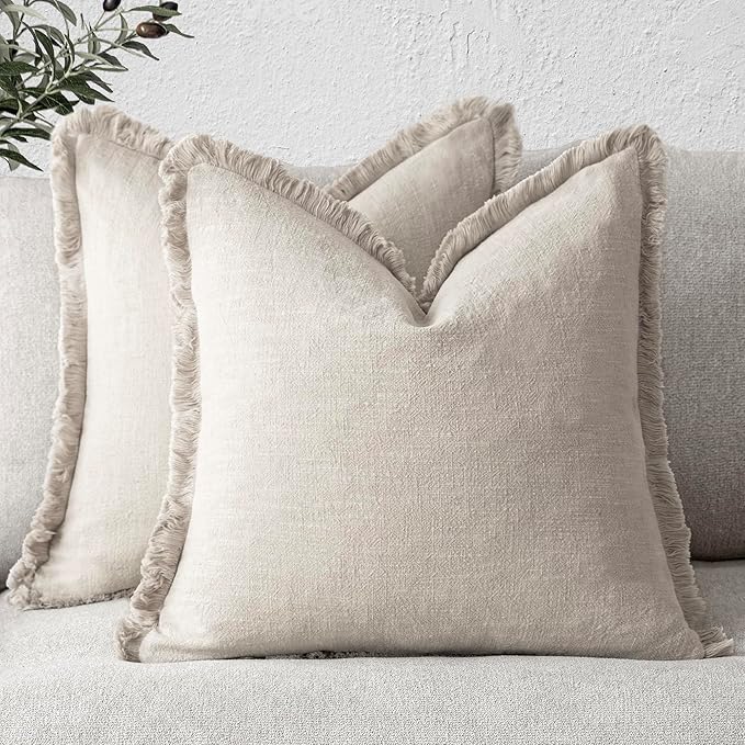 Foindtower Set of 2 Decorative Linen Fringe Throw Pillow Covers Cozy Boho Farmhouse Cushion Cover with Tassels Soft Accent Pillowcase for Couch Chair Sofa Bed Living Room Home Decor,18×18 Inch,Beige