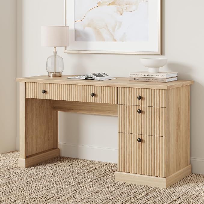 IDEALHOUSE 54 Inch Modern Executive Desk with Charging Station, USB-C/A & 6.56ft Cord - Fluted Office Desk with File Drawers, Computer Desk for Home Office, Burlywood