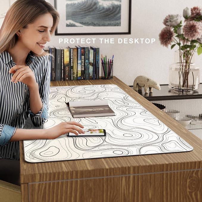 Cacoy 48"x24" White Topographic Large Gaming Mouse Pad Extended PC Desk Mat | Extra Large Computer Mouse Mat with Stitched Edges, Minimalist Contour Line Non-Slip Rubber Base Desk Pad Office Accessories