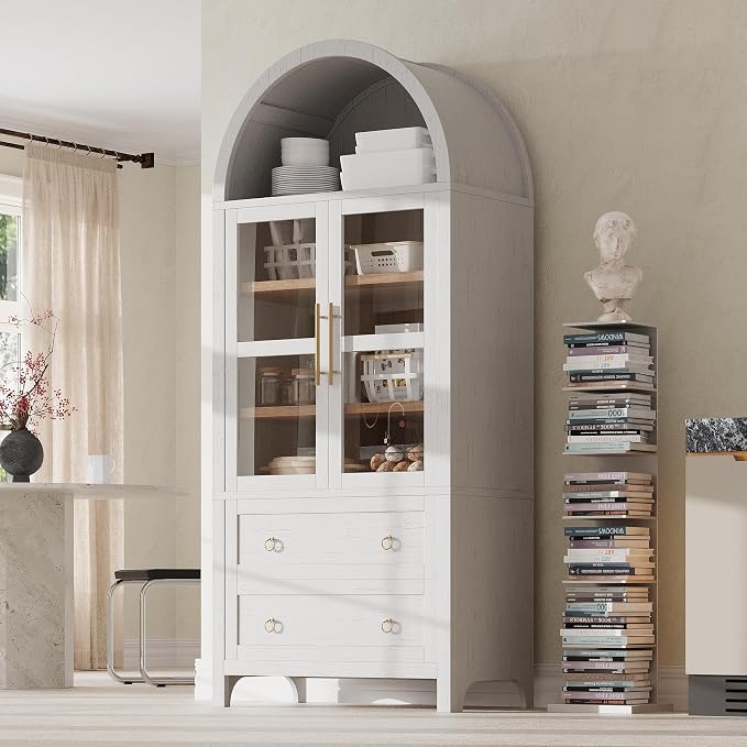 71" Arched Storage Cabinets with Glass Doors, Farmhouse Kitchen Pantry Cabinet with 2 Large Drawers, Tall Bookcase with Adjustable Shelves, Curio Cabinet, Display Cabinet(White)