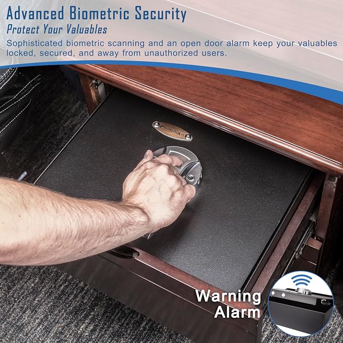 Barska AX11556 Biometric Fingerprint Top Opening Security Drawer Safe Box 0.23 Cubic Ft, Multi, One Size | Biometric fingerprint lock with hydraulic door and steel bolts for firearms, jewelry and documents