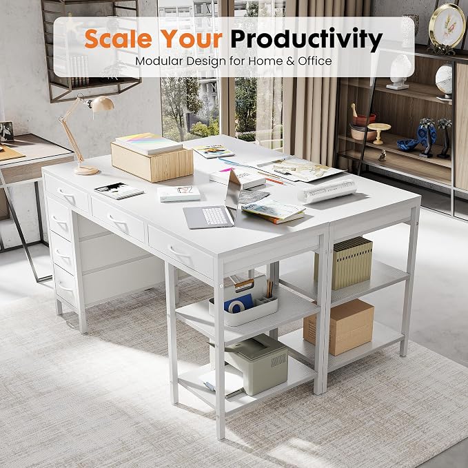 Sweetcrispy 55" Computer Desk with 6 Fabric Drawers & Storage Shelves | Reversible Gaming Desk, Office Desk, Computer Workstation, Corner Desk with Storage, Home Office, Living Room, White