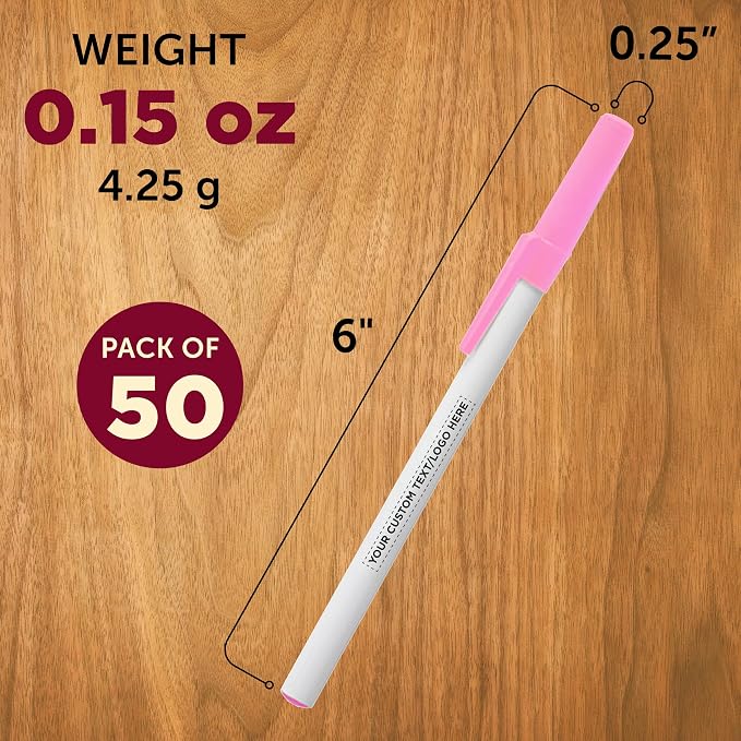 DISCOUNT PROMOS Custom Value Stick Pens Set of 50, Personalized Bulk Pack - Black Ink, Great for Office, School, Business, Tradeshows, Events - Pink