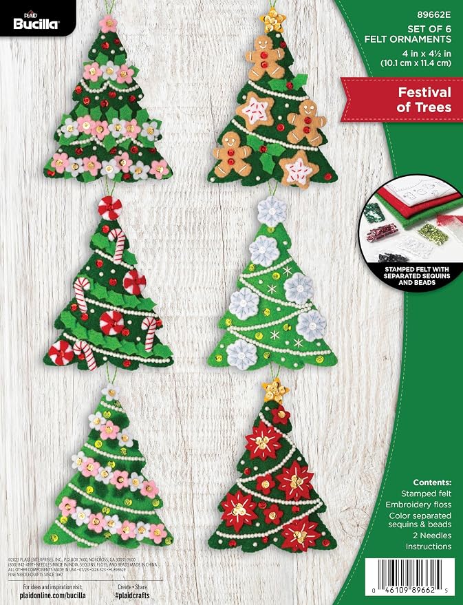 Bucilla Felt Applique 6 Piece Ornament Making Kit, Festival of Trees, Perfect for DIY Arts and Crafts Projects, 89662E
