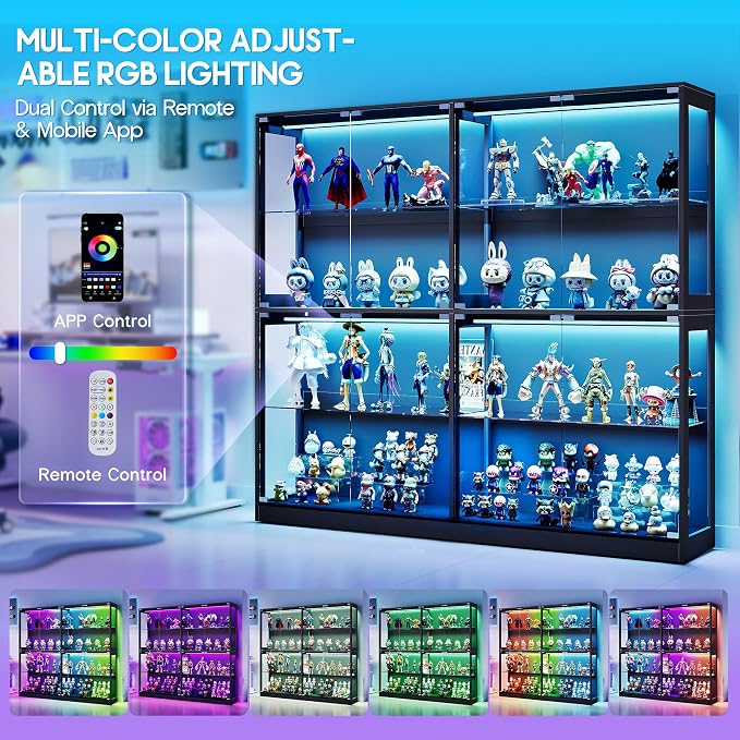 AMERLIFE 75-Inch RGB Display Cabinet with Glass Shelves | 70 H x 75 W x 16 D In, 4-Tier Storage, RGB LED Lights, Press-to-Open Doors, for Collectibles, Black