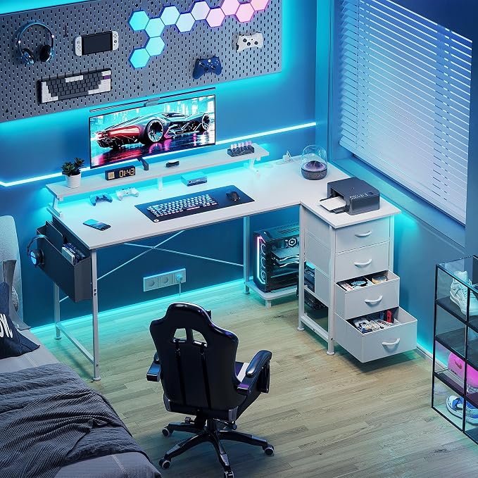 VERMESS 63" Reversible L Shaped Gaming Computer Desk, Corner Desk with Power Outlets & Monitor Stand, Writing Study Table with 4 Storage Drawers, Desk with LED Lights, White
