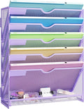Hanging Wall File Organizer, Desk Organizer with Metal Mesh, 6-Tier | Foldable Document Organizer for Office Desk, Wall Mount Magazine Rack for Mail/Books/Tablet, Purple