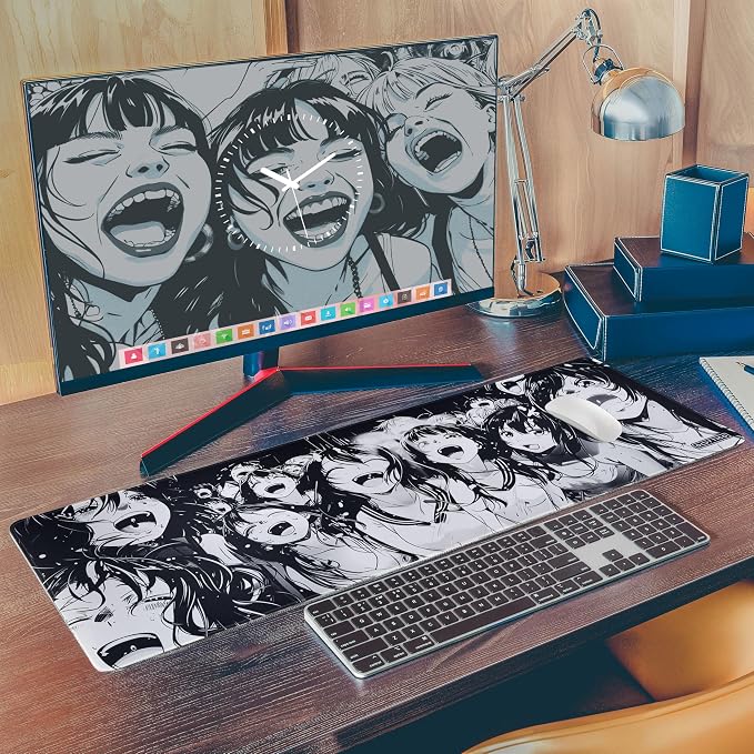 XL Black & White Manga Gaming Mouse Pad – Large Japanese Art Desk Mat for Keyboard & Mouse – Non-Slip Water-Resistant Surface, Stitched Edges – 31.5x11.8 in (X-Large)
