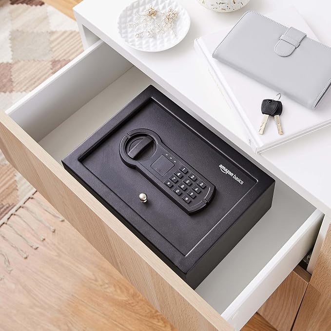 Amazon Basics Small Slim Desk Drawer Security Safe with Programmable Electronic Keypad, Secure Quick Access, 0.1 Cubic Feet, Black, 11.8"W x 8.6"D x 4.4"H