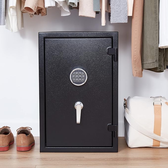 Amazon Basics Fire Resistant Security Safe with Electronic Keypad, Anti-Theft Protection for Important Documents and Valuables, 2.1 Cubic Feet, 16.93" W x 13.8" D x 25.98" H, Black
